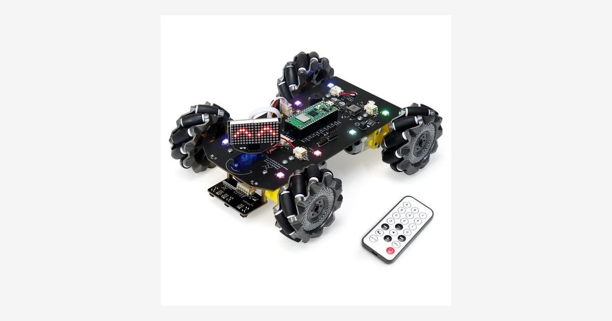 Fotografía oficial del Freenove Mecanum Wheel Car con ruedas negras de rodillos y mando infrarrojo.