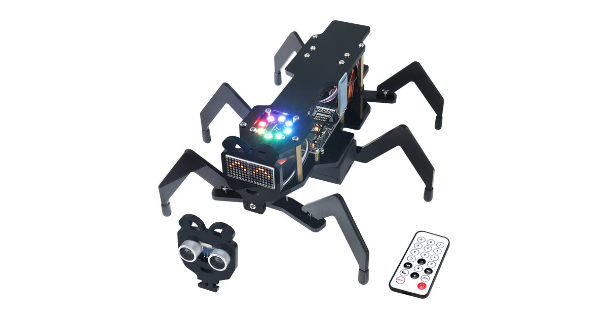 Robot Ant de Freenove con seis patas, matriz LED y mando.