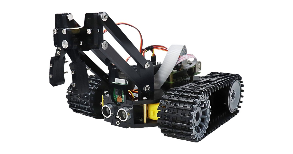 Freenove Tank Robot con orugas, cámara y pinza frontal.