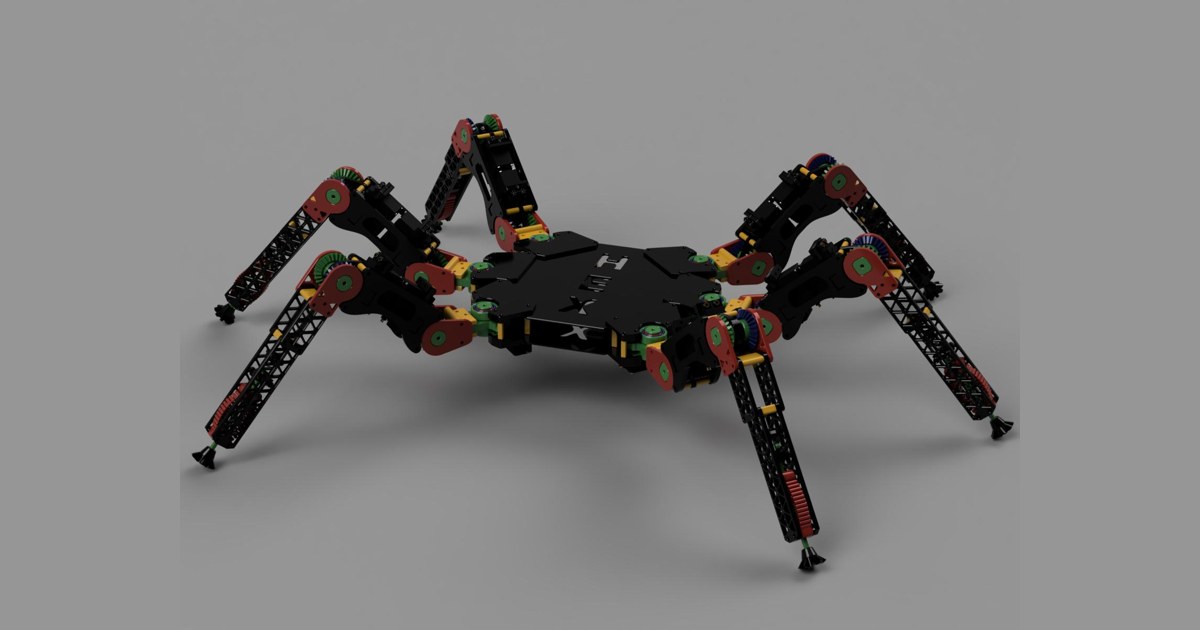 Render CAD publicado por el equipo Hexapod de Gdańsk del diseño completo de seis patas, con engranajes y elementos de contacto.