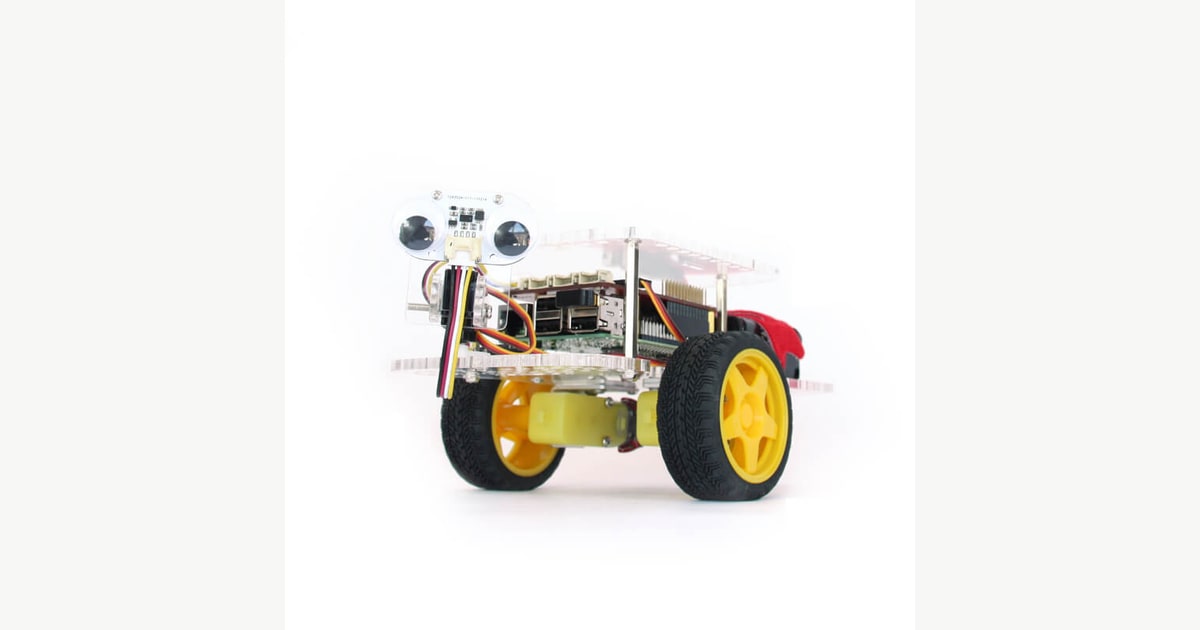 GoPiGo3 con ruedas amarillas, Raspberry Pi y accesorio frontal de distancia