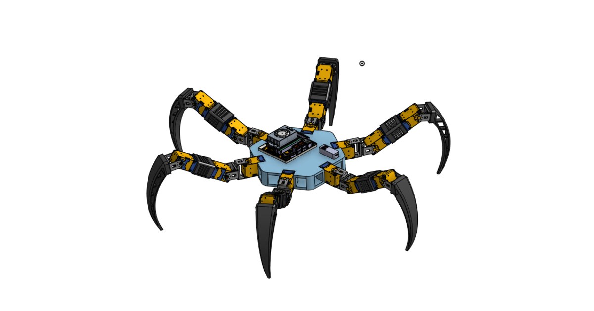 Render CAD publicado por Harrison Bounds de su hexápodo completo, con cuerpo azul y seis patas negras y amarillas.