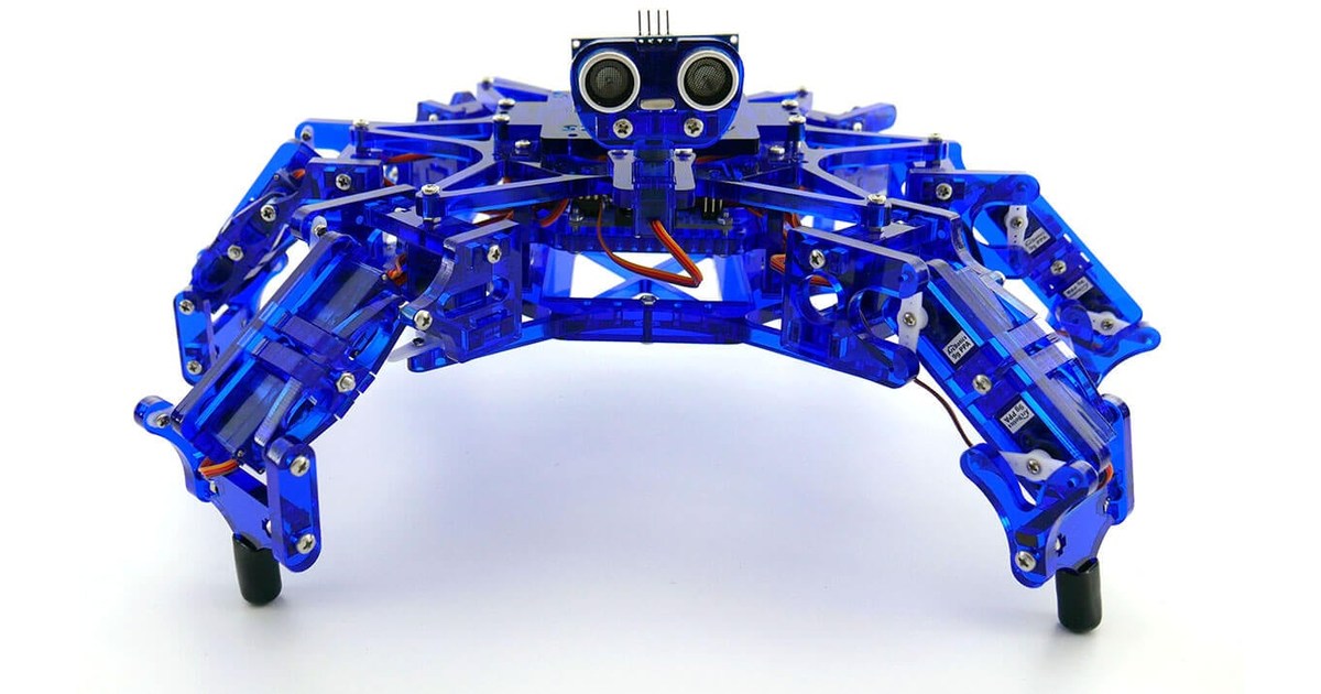 Hexy azul de cuerpo completo, con seis patas articuladas y sensor ultrasónico frontal.