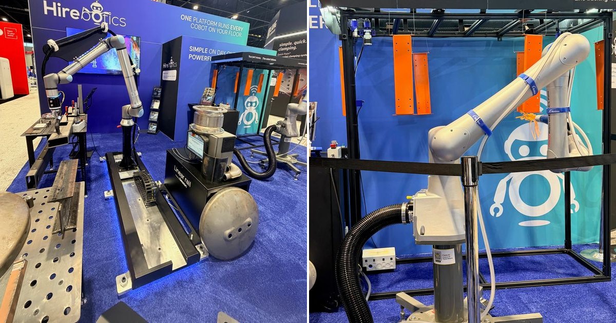 Dos fotografías oficiales de IMTS 2026: un cobot de Hirebotics sobre un raíl lineal, a la izquierda, y Cobot Painter junto a piezas colgadas de un transportador, a la derecha.