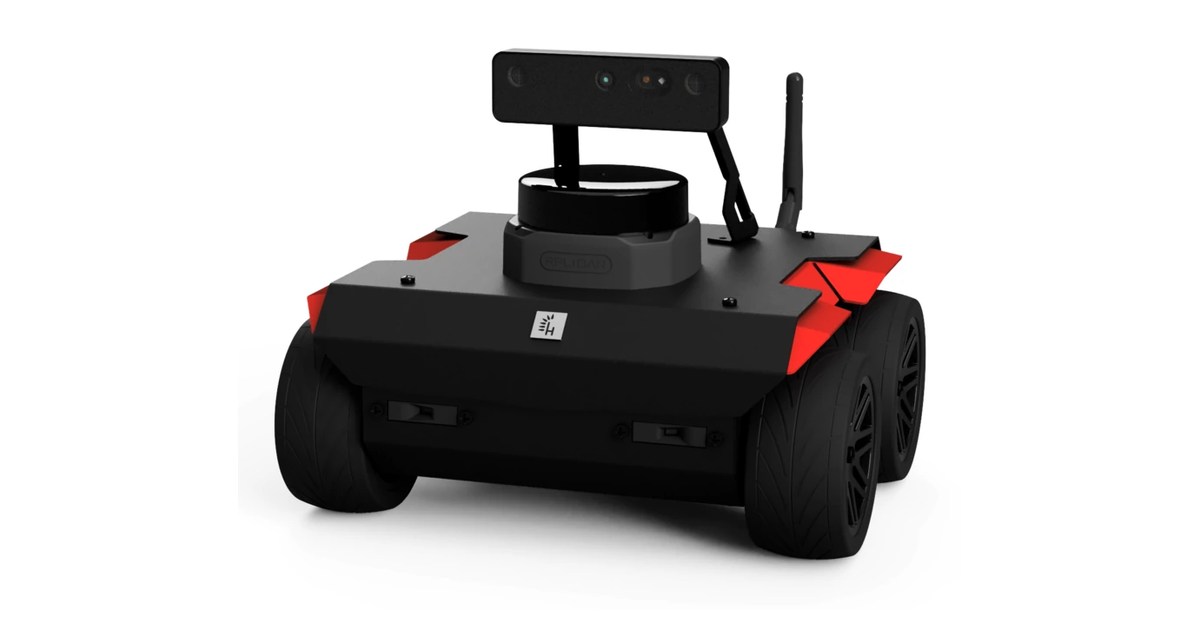 Imagen oficial de un ROSbot 3 de Husarion con cámara frontal, sensor LiDAR en la parte superior y cuatro ruedas.