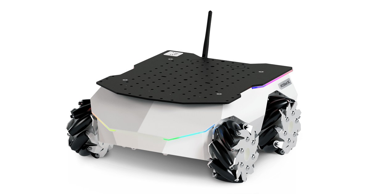 Imagen oficial de ROSbot XL de Husarion, con cuatro ruedas mecanum y una plataforma superior para incorporar sensores y herramientas.