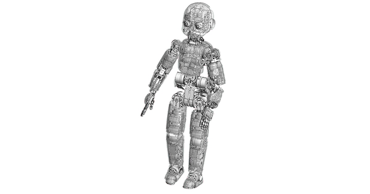 Render técnico de cuerpo entero de iCub, publicado por IIT.