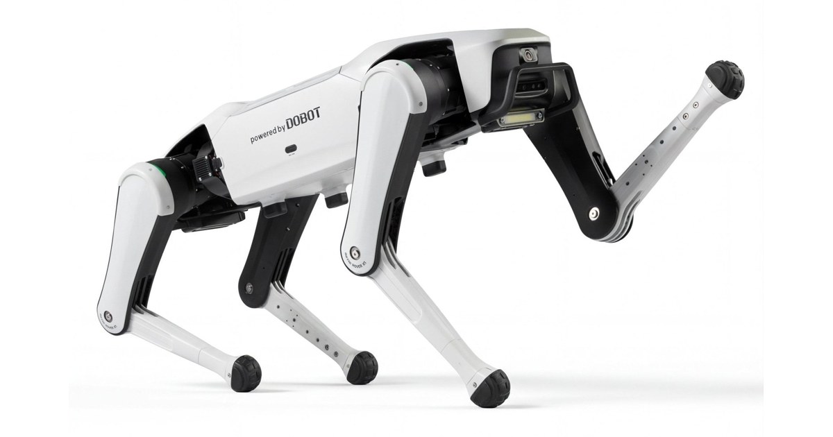 Render oficial de INFFNI Rover X1 completo con patas de apoyo, en una pose de interacción sobre fondo blanco.