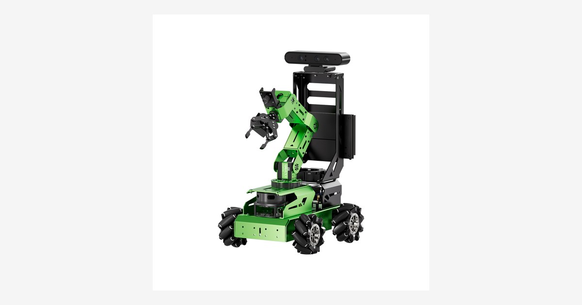 Fotografía oficial del JetAuto Pro verde con ruedas mecanum, brazo superior y pantalla.
