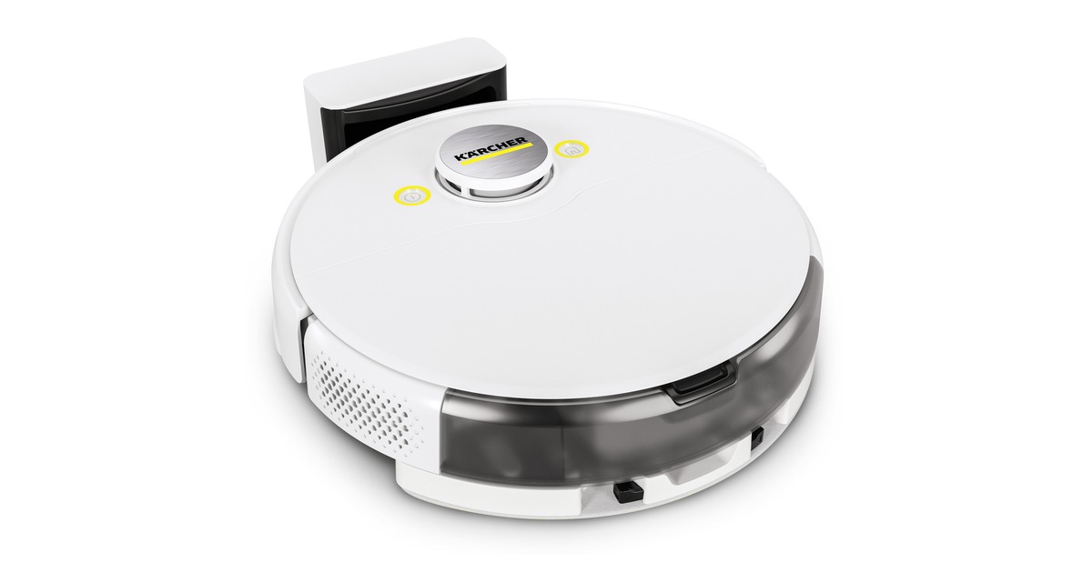 Kärcher RCV 5 blanco con torreta láser y base de carga.