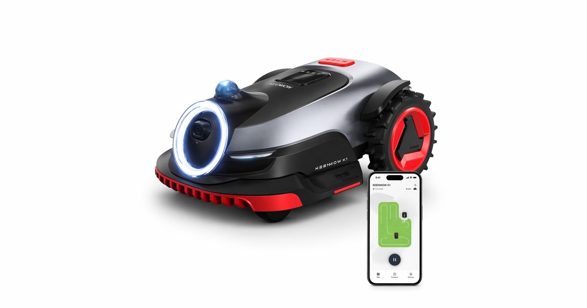 Render oficial del cortacésped KEENMOW K1 completo junto a una pantalla de su aplicación.