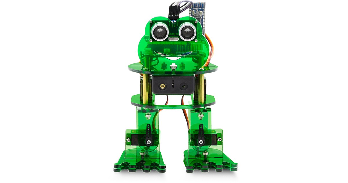 Robot bípedo Frog KS0446 de acrílico verde con sensor ultrasónico sobre la cabeza y dos pies anchos.