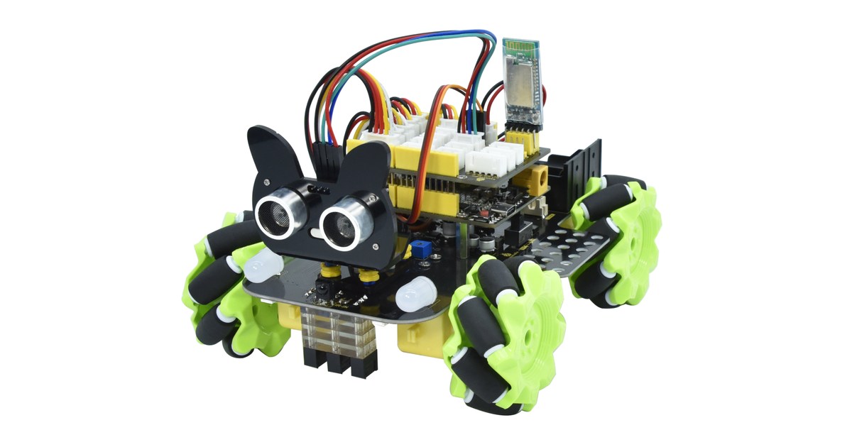 Robot Keyestudio KS0551 con cuatro ruedas mecanum de rodillos verdes y sensor ultrasónico frontal.