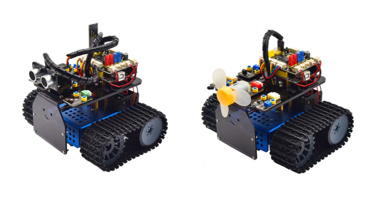 Dos configuraciones montadas del Mini Tank V3 con orugas: una con ventilador y otra con matriz LED.