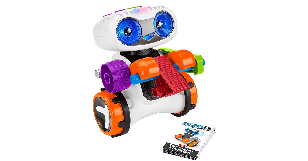 Code ’n Learn Kinderbot completo, con sus ruedas, botones de colores y accesorios visibles sobre fondo blanco.