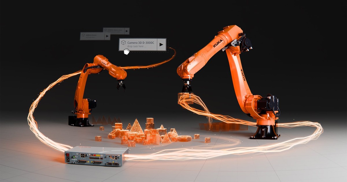 Render oficial de iiQKA.AI Vision con dos brazos KUKA naranjas, piezas representadas como nubes de puntos, un controlador y bloques de configuración visual.