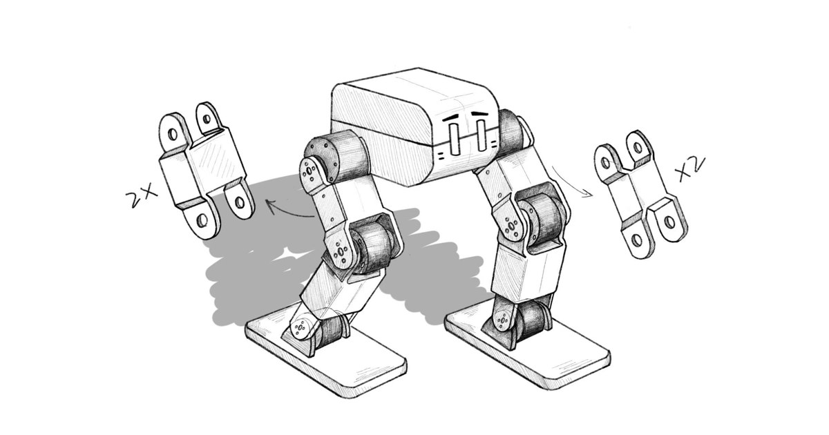 Boceto publicado por el proyecto KuroKun que muestra el diseño completo del bípedo, con dos piernas articuladas y pies planos.