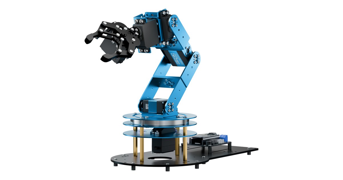 Brazo azul y negro LeArm AI de Hiwonder con pinza sobre su base electrónica