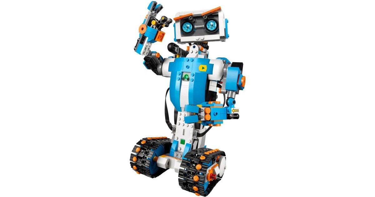 Vernie de LEGO BOOST azul y blanco, construido con piezas LEGO y base de orugas.