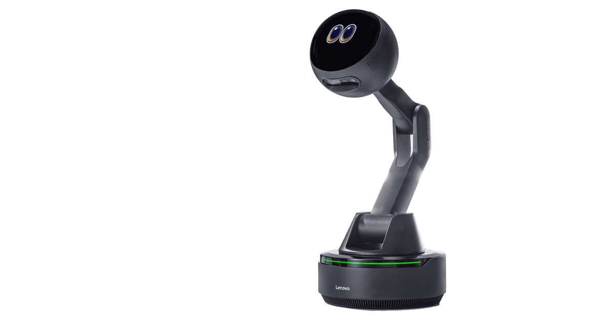 Representación oficial del concepto Lenovo AI Workmate con cabeza móvil y base