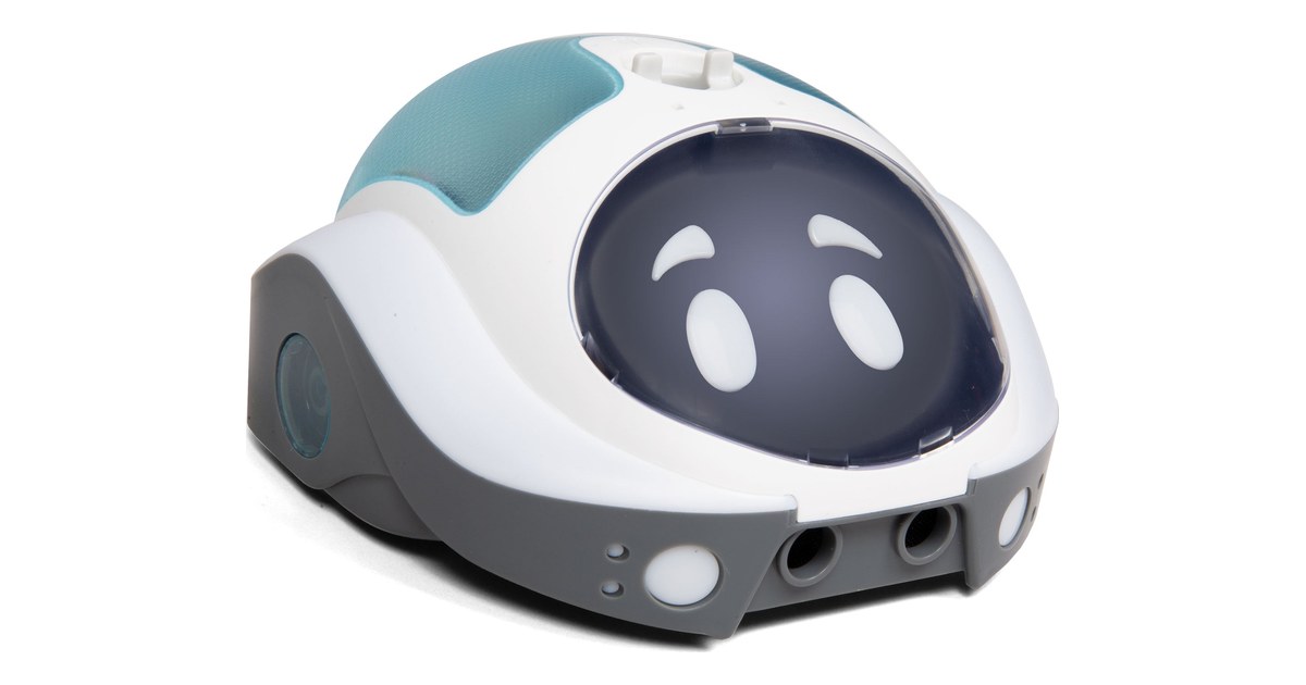 Loti-Bot de TTS blanco y azul con cara dibujada y sensores frontales