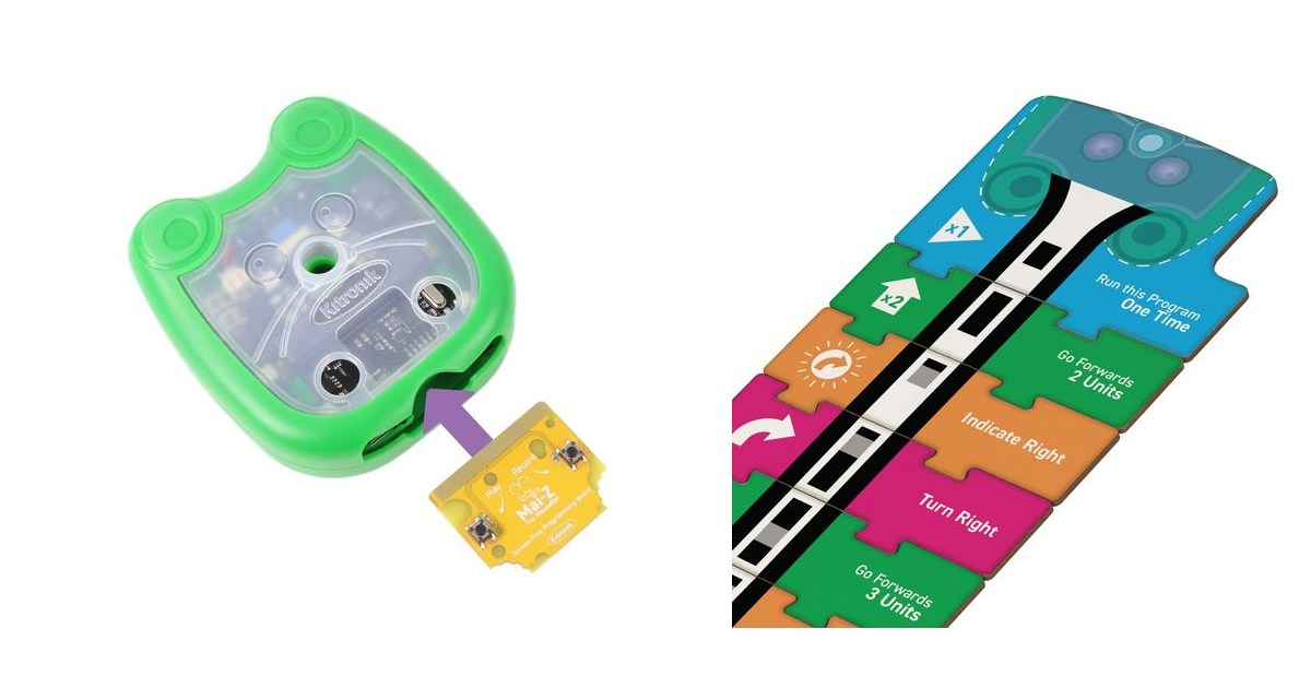 Composición de fotografías oficiales: Mai-Z junto a la placa amarilla Screen-Free, con una flecha que indica dónde insertarla, y una secuencia de tarjetas de programación.