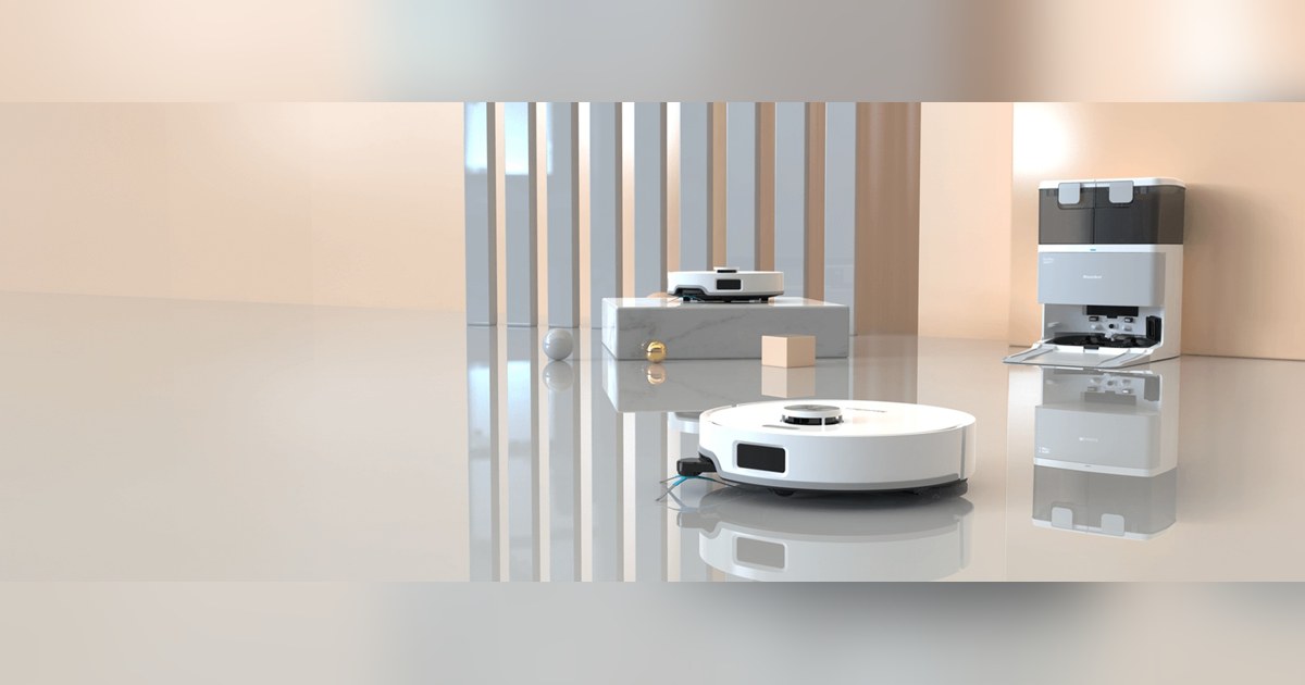 Render promocional oficial de Mamibot Ultra T20 OmniBase completo, con el robot blanco delante de su estación.