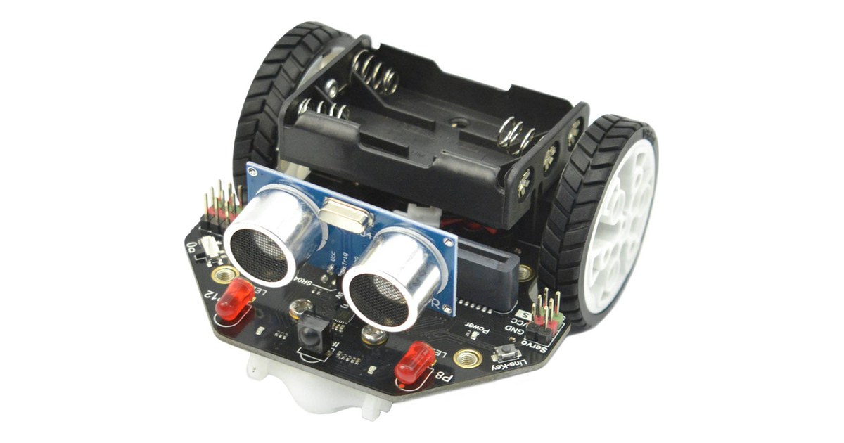 Maqueen Lite de DFRobot con chasis negro, dos ruedas y módulo ultrasónico frontal, sin placa micro:bit instalada