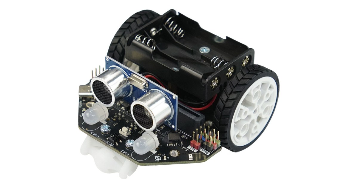 Maqueen Lite V5 negro con dos ruedas, sensores y módulo ultrasónico
