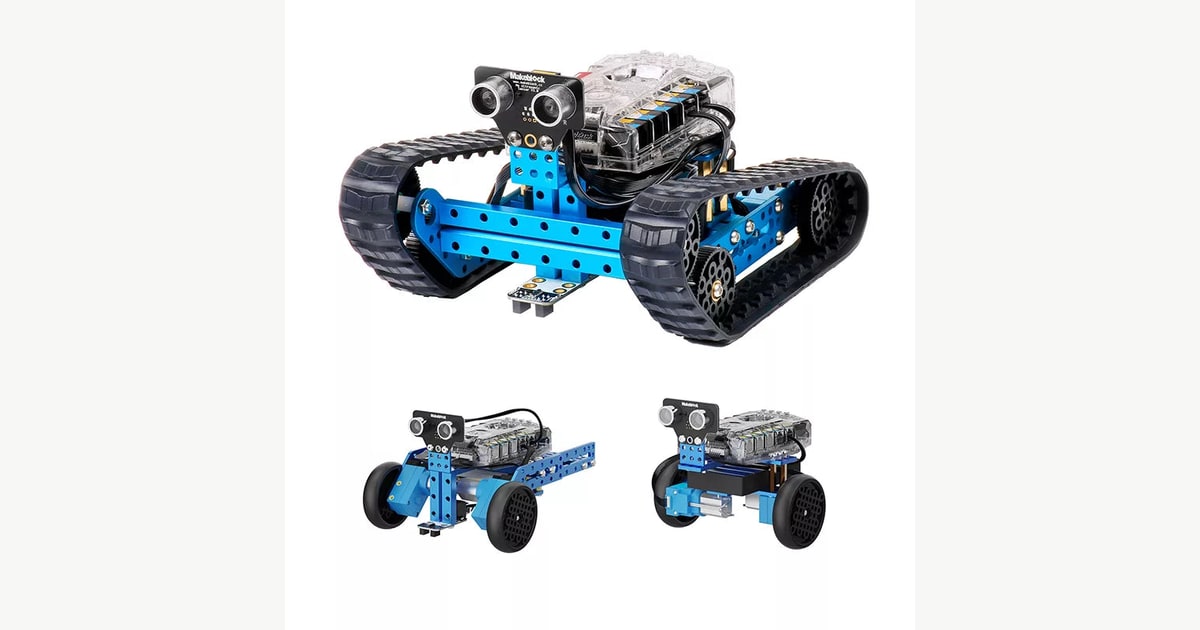 Tres montajes de mBot Ranger: vehículo de orugas, coche de tres ruedas y robot de equilibrio