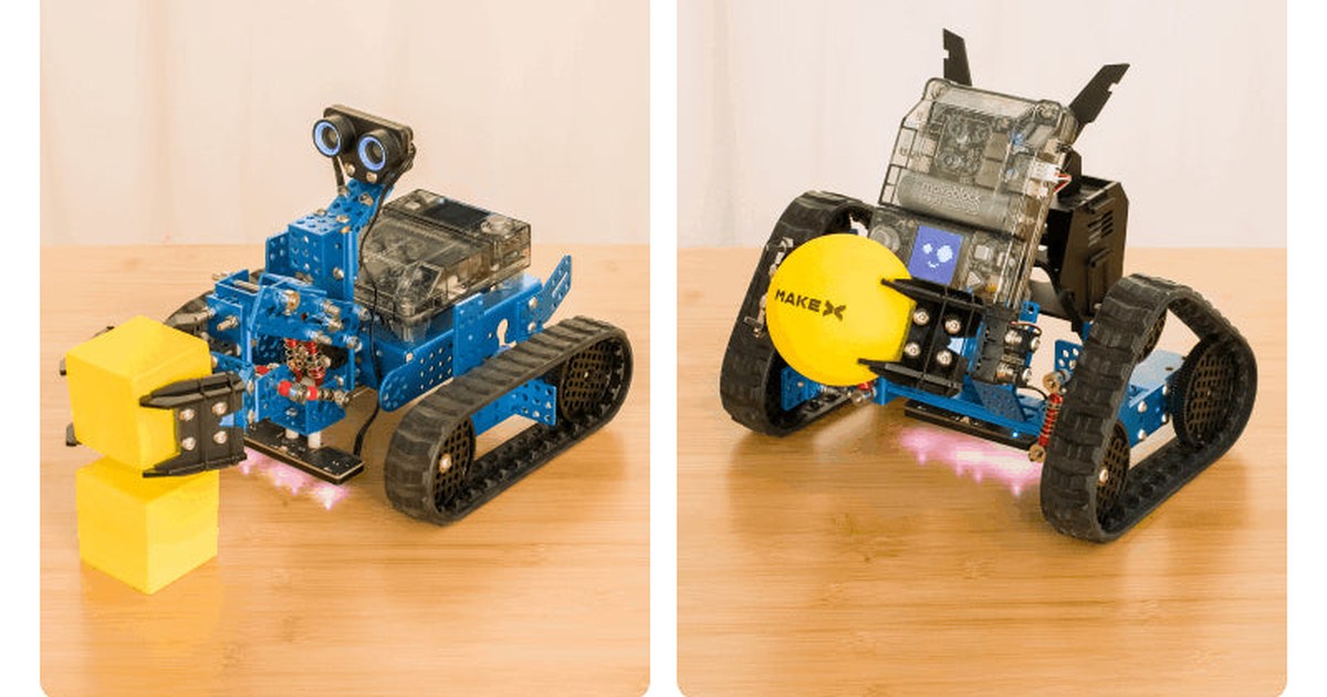Dos fotografías oficiales de mBot2 Rover: una configuración con brazo sostiene un cubo amarillo y otra con pinza sujeta una pelota amarilla.