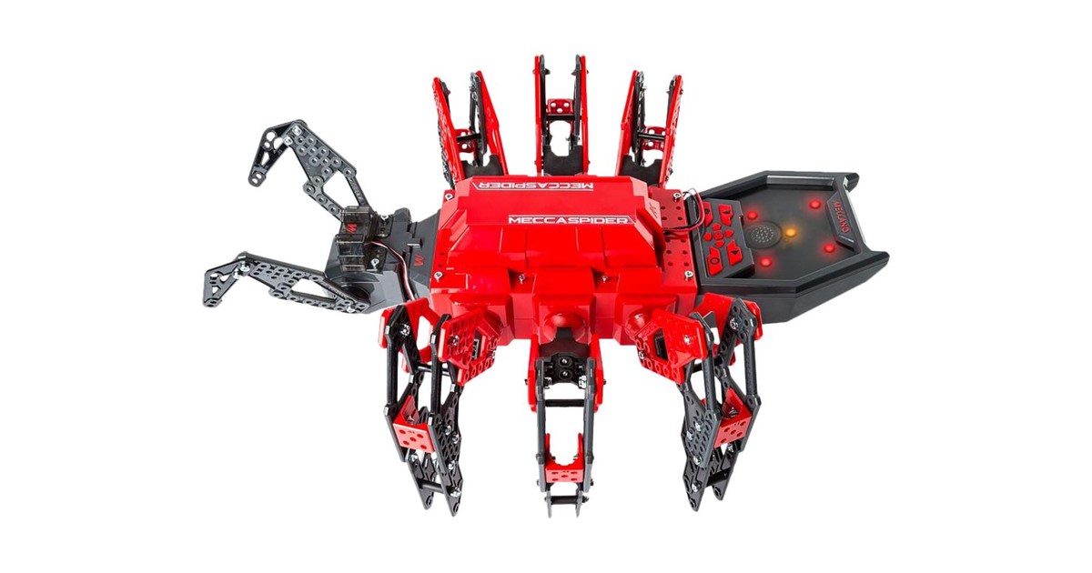 Imagen de producto de MeccaSpider completo visto desde arriba, con carcasa roja, patas mecánicas y panel de control.