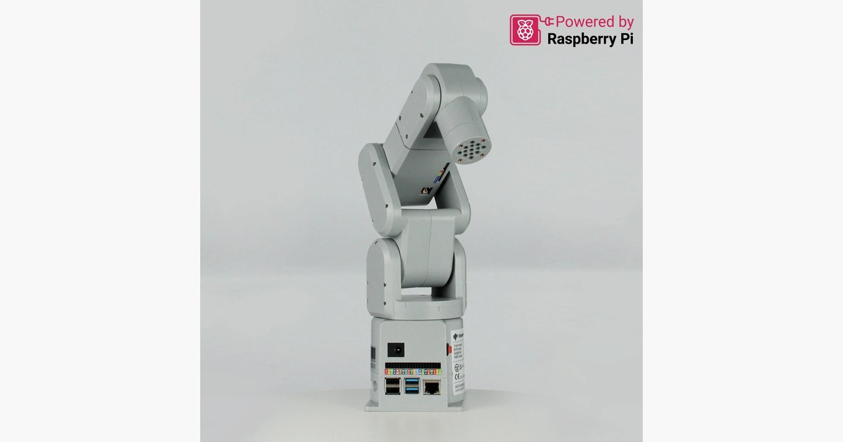 Imagen oficial del mechArm 270 Pi, un brazo gris de sobremesa con la base y sus articulaciones visibles.