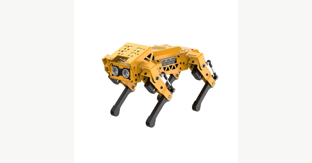 MechDog amarillo con ocho servos y cuatro patas articuladas