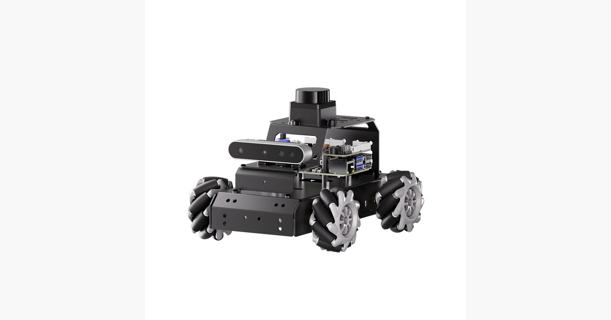 Imagen oficial del MentorPi M1 con ruedas Mecanum y sensores superiores.