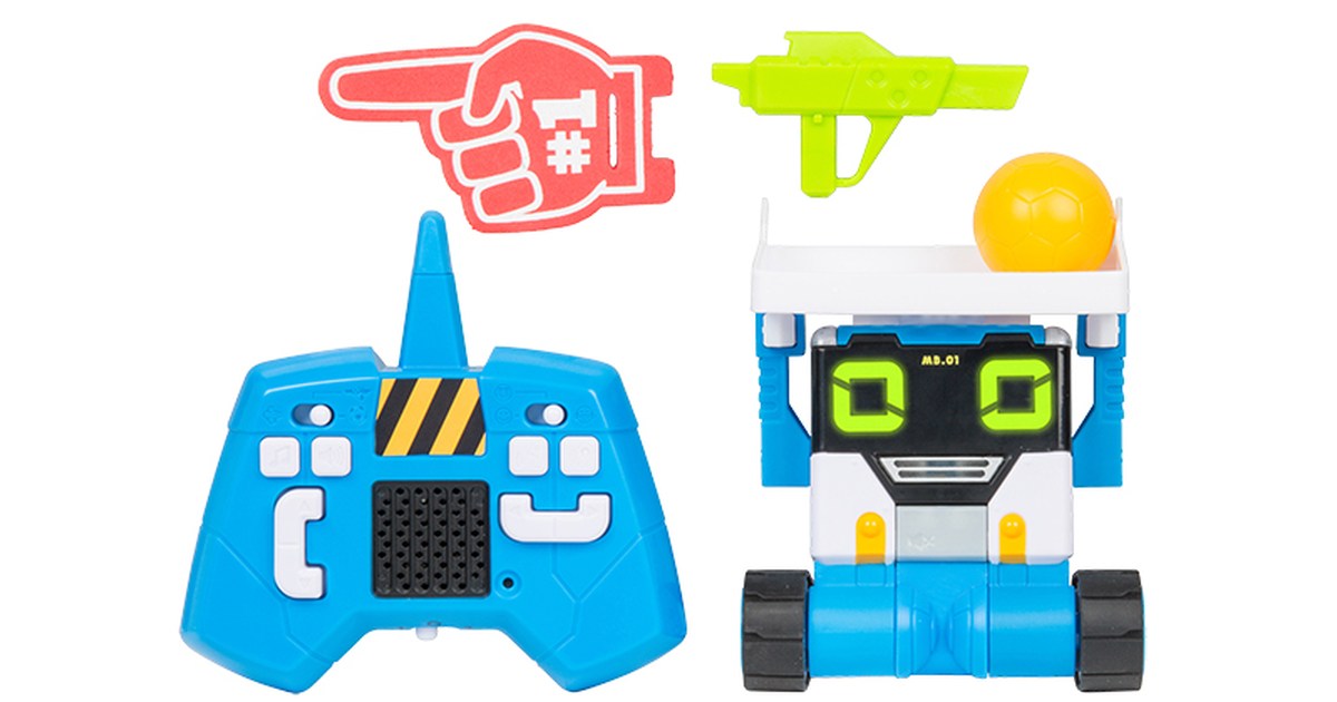 MiBRO azul y amarillo completo junto a su mando de radio y accesorios de juego sobre fondo blanco.