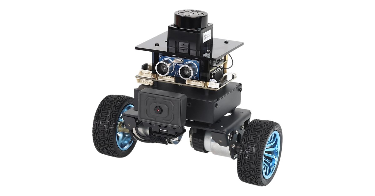 Robot de equilibrio MicroROS de Yahboom con dos ruedas, lidar superior y sensores en un chasis metálico