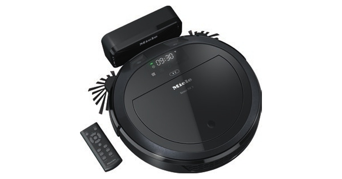 Miele Scout RX3 negro con base de carga y mando, según su ficha técnica.