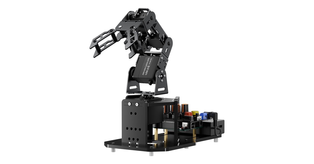 Brazo educativo negro miniArm de Hiwonder con pinza y placa de control de potenciómetros