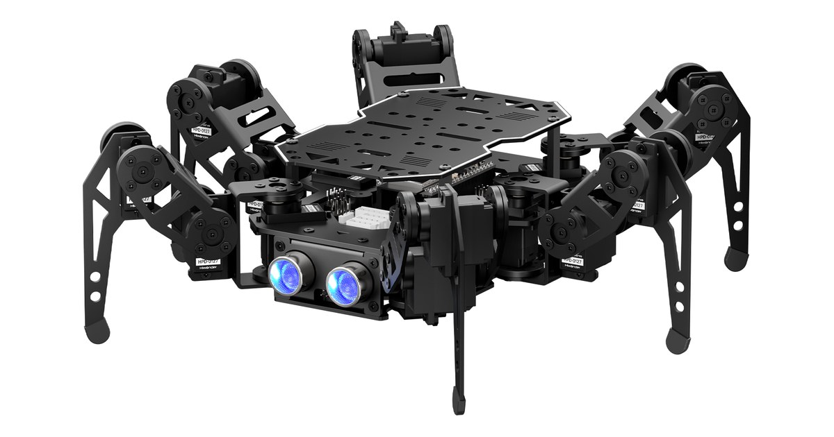 Hexápodo negro miniHexa de Hiwonder con seis patas y sensor ultrasónico frontal