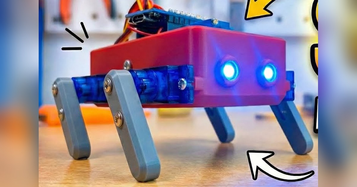 Imagen de DSN Industries de MiniQ completo, con cuerpo rojo, dos luces frontales y cuatro patas grises; recorte de la presentación original.