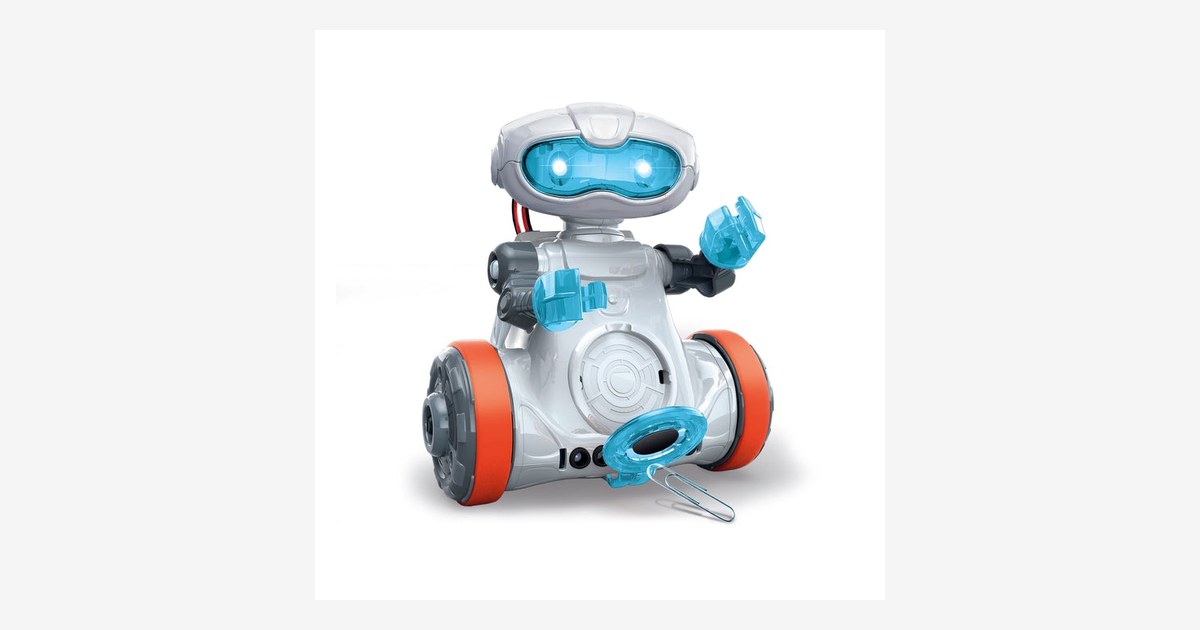Fotografía oficial de Mio Robot de Clementoni, con cuerpo blanco y detalles azules y naranjas.