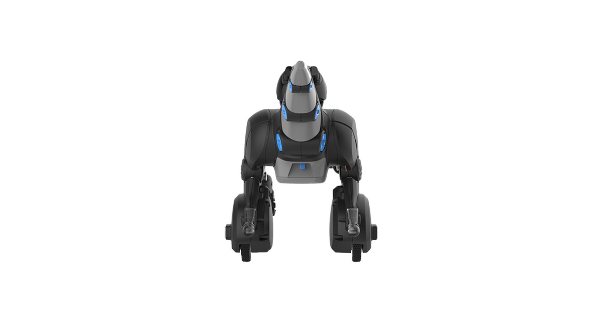 Miposaur de WowWee, dinosaurio robótico gris y azul apoyado sobre dos ruedas.