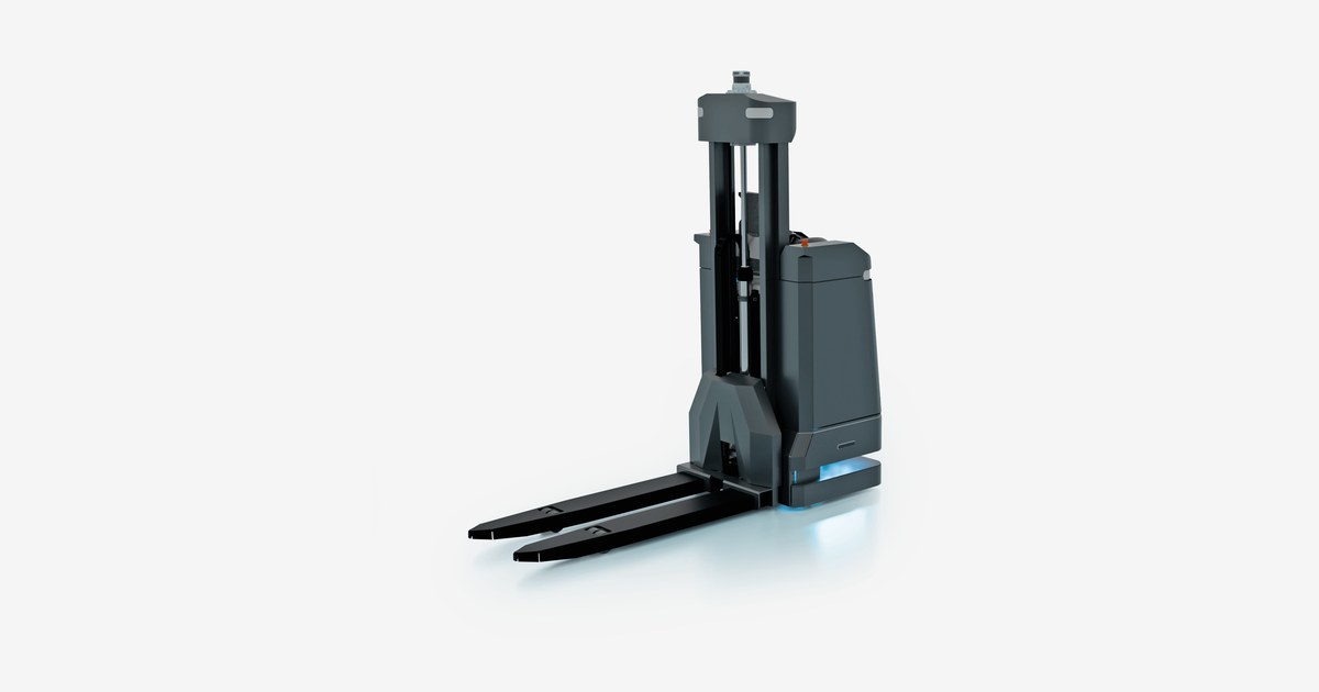 Render oficial del MiR1200 Pallet Jack con horquillas delanteras.