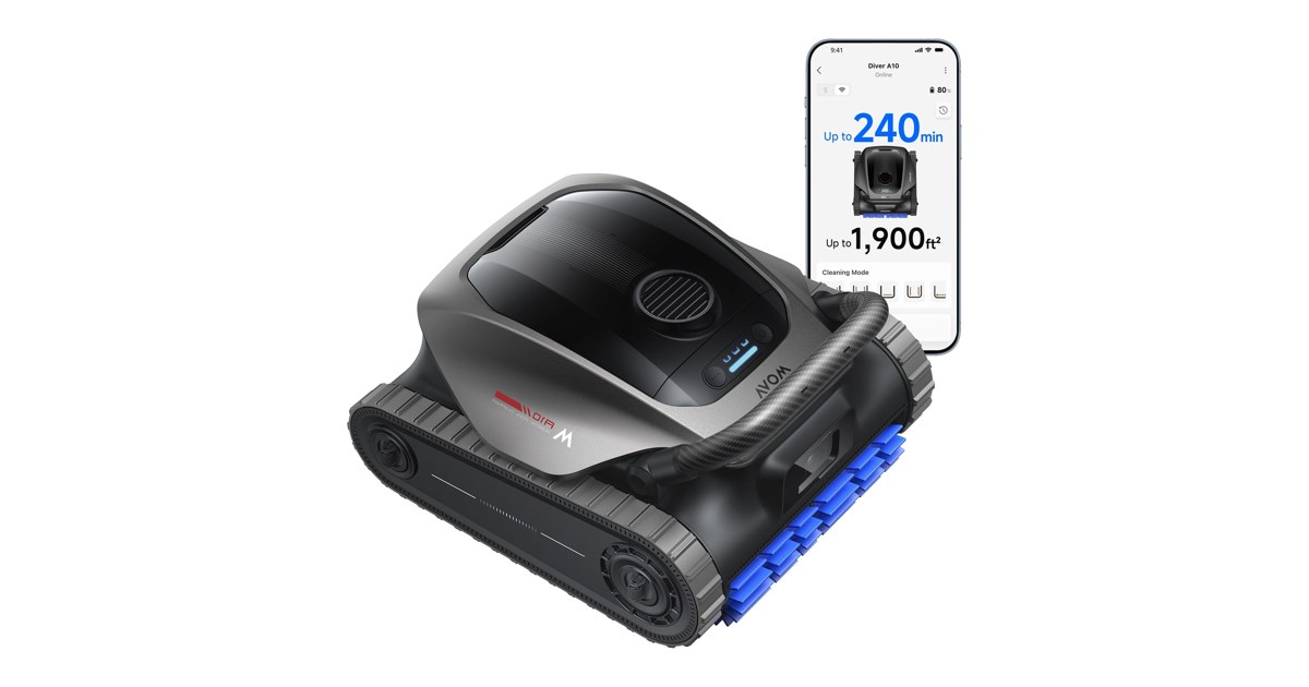 Render oficial del limpiador de piscinas MOVA Diver A10 completo junto a una pantalla de control.