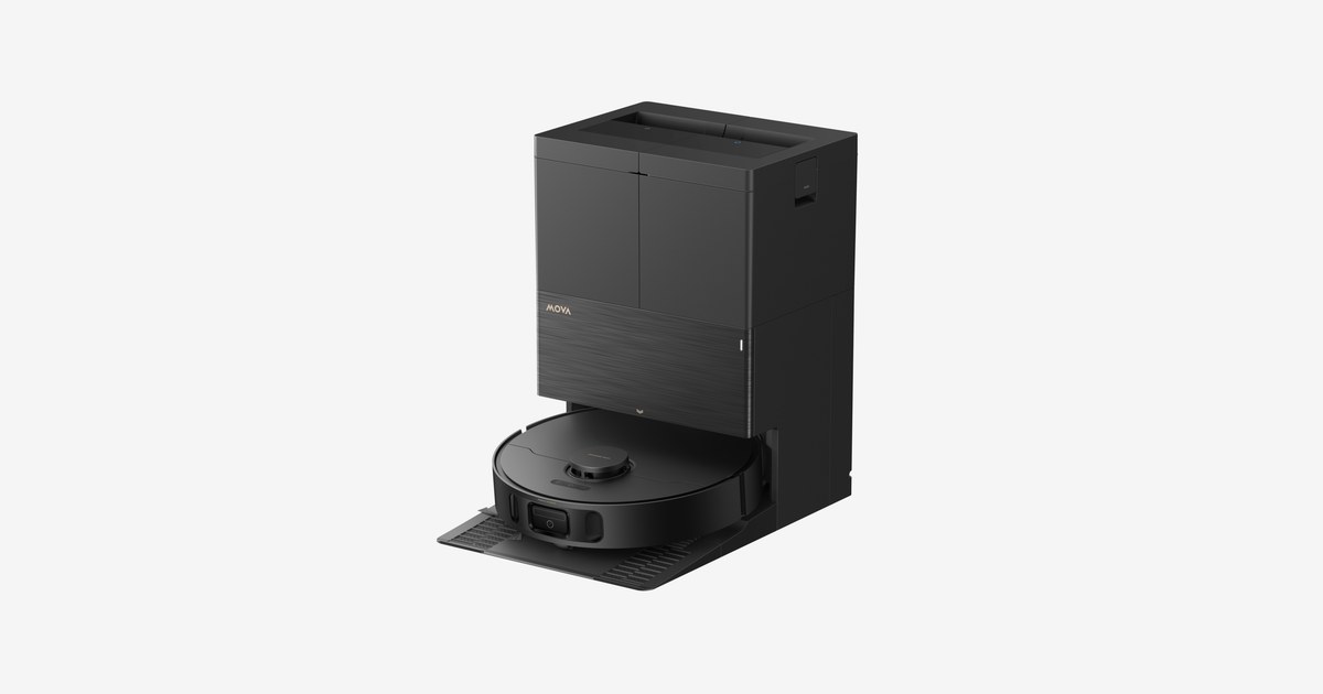 Render oficial del MOVA E50 Pro Ultra negro delante de su estación.