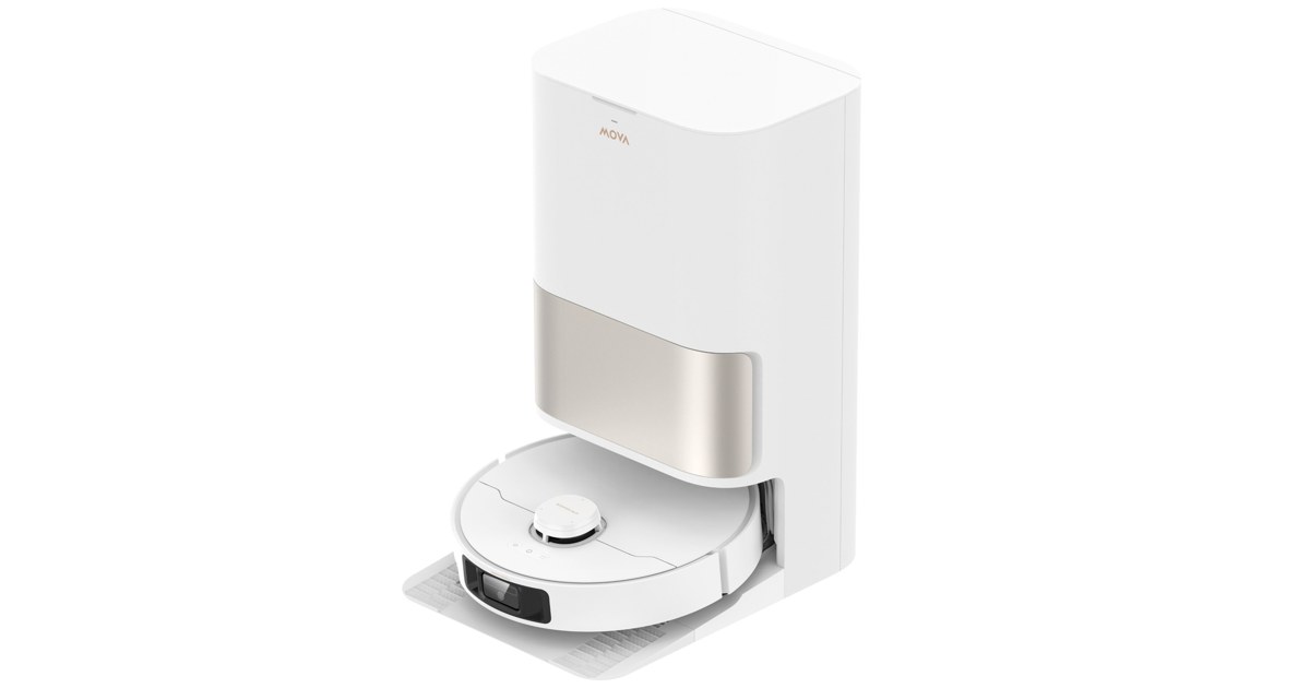 Render oficial del MOVA P10 Pro Ultra Gen2 blanco junto a su estación.