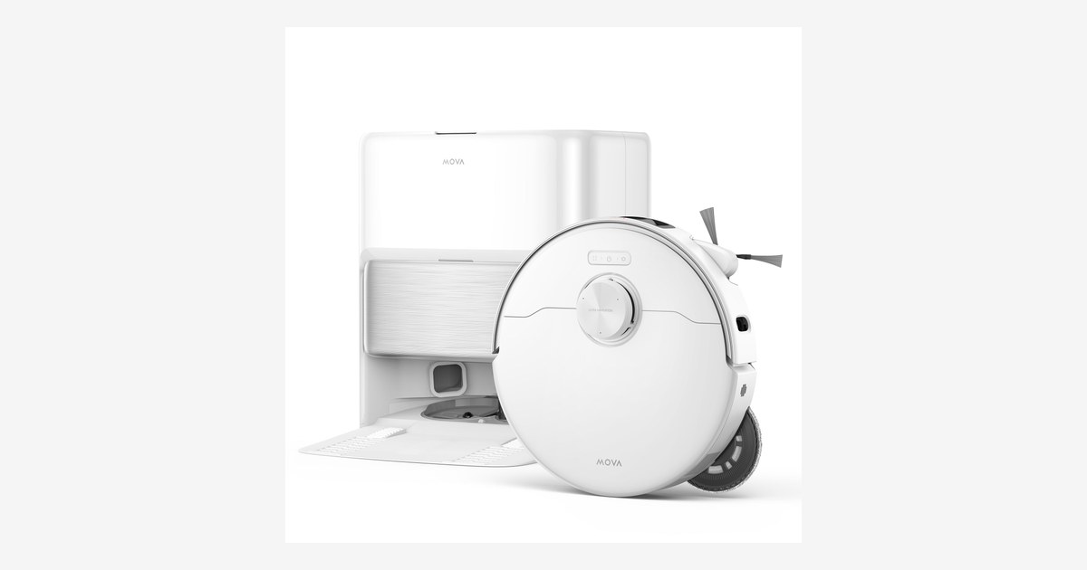 Render oficial del MOVA P70 Pro Ultra blanco y su estación.