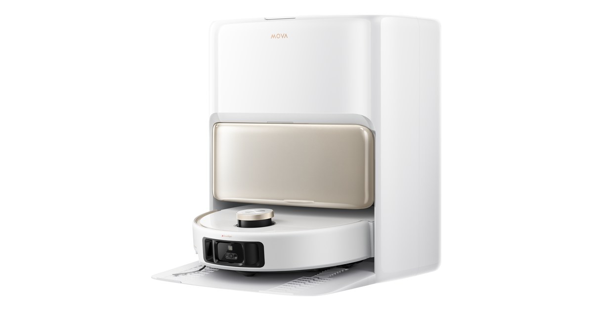 MOVA V50 Ultra Complete blanco junto a su estación de vaciado y lavado de mopas