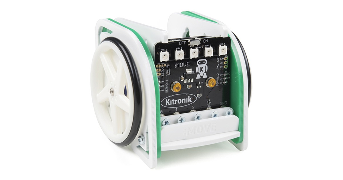 Kitronik MOVE mini MK2 con dos ruedas y placa Servo:Lite, sin micro:bit.